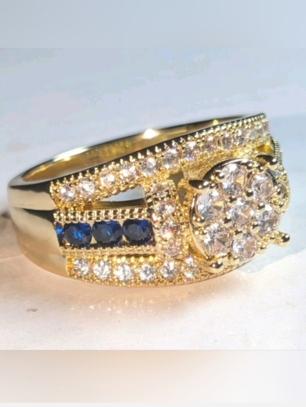 Classic Gold-Plated Blue Lab Created Sapphire Cluster Ring - Women Jewelry Sz 10